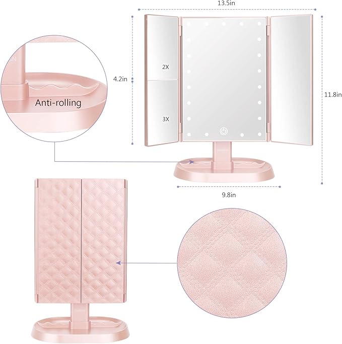deweisn Trifold Lighted Vanity Makeup Mirror with 21 LED Lights,1x/2x/3x Magnification and Touch Screen Dimming,Two Power Supplies Makeup Mirror, Gift for Women