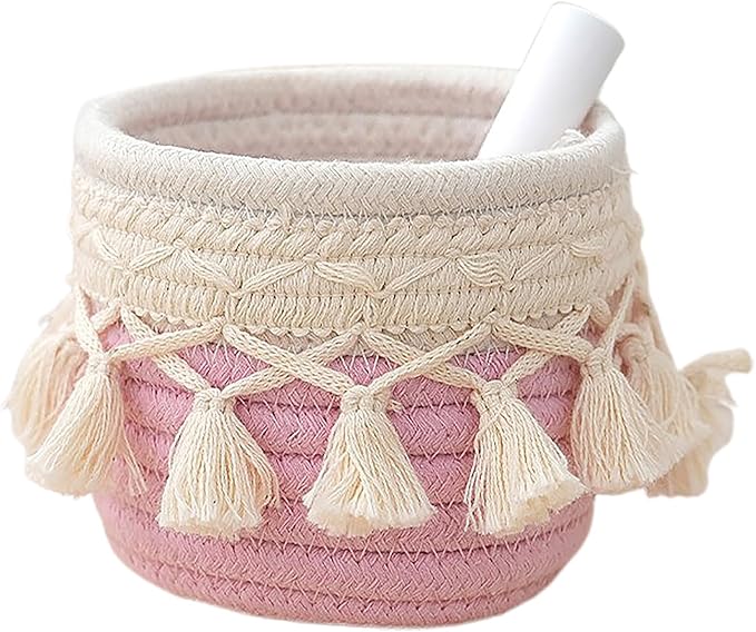 MSUIINT Macrame Makeup Brush Holder Organizer, Brushes Mini Storage Basket, Hand Woven Cotton Rope Basket, Boho Decor Baskets for Comb Cosmetics Pen Pencil Container (D)