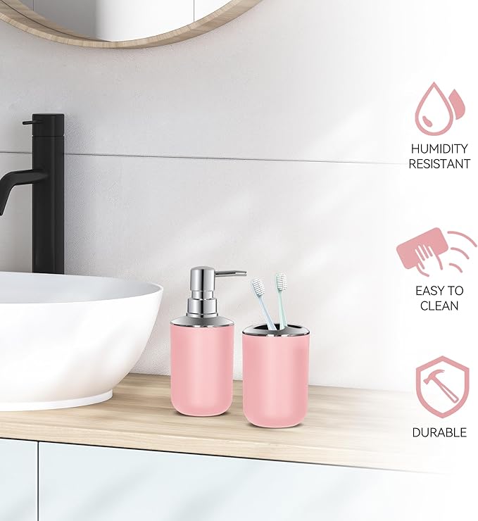 Pink Bathroom Accessories Set 2 PCS, Pink Bathroom Accessories, Plastic Soap Dispenser and Toothbrush Holder Set, Boho Bathroom Decor, Bathroom Set