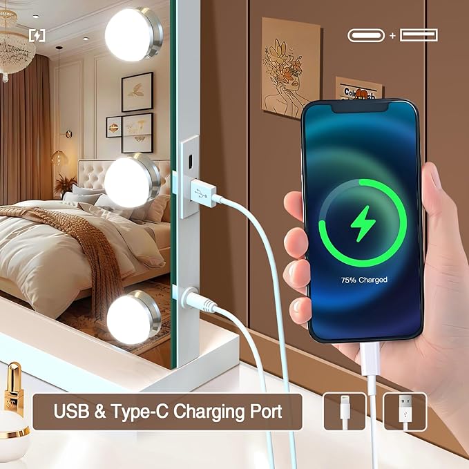 halumao Vanity Mirror with Lights, Large Makeup Mirror with LED Lights, Smart Touch Dimmable 3-Color Light, Memory Function, USB Charging Port