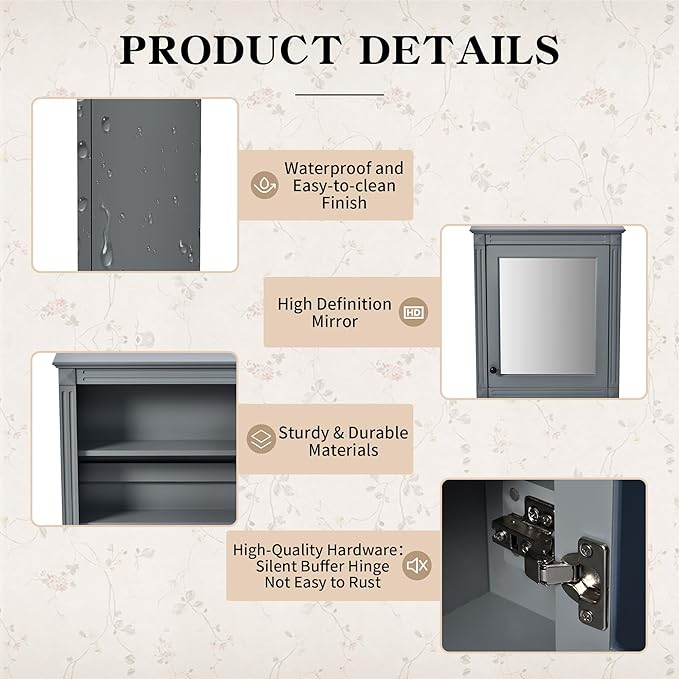 Merax Bathroom Medicine Cabinet with Mirror Door & Adjustable Shelves, 24" x 28" Wall Mounted Storage Cabinet with Mirror, Over The Toilet Wall Cabinet