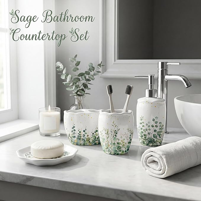 Newtay Sage Bathroom Accessories Set 4 Piece, Ceramic Soap Dispenser with Pump, Toothbrush Holder, Tumbler Cup & Soap Dish, Botanical Greenery Countertop Decor, White with Gold Speckles
