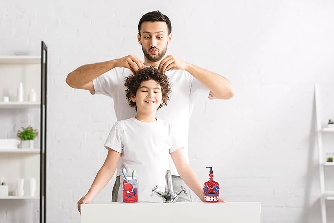 Jay Franco Marvel Spiderman 2 Piece Set - Red & Blue Soap Dispenser & Tumbler Set - Kids Resin Superhero Bathroom Accessories