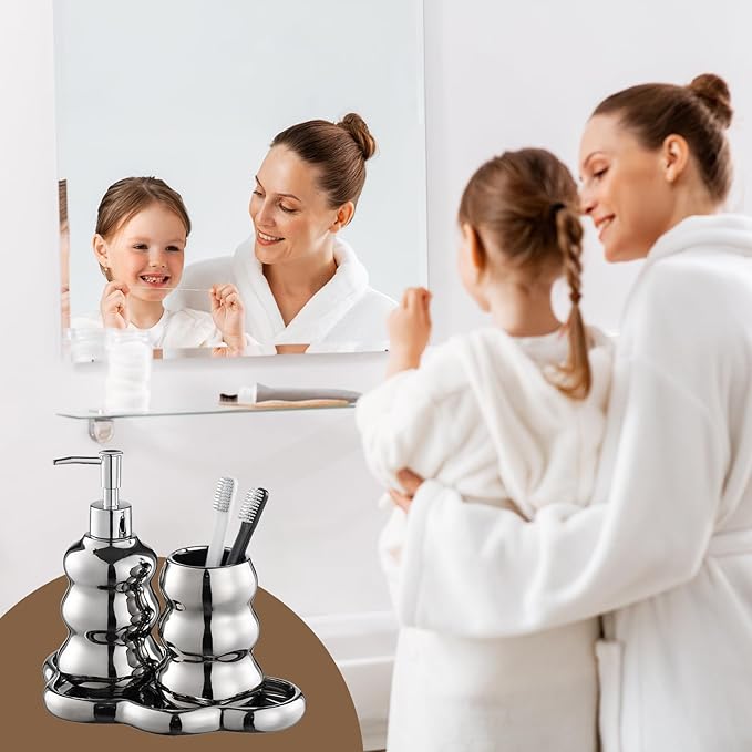 Silver Bathroom Accessory Set, 3-Piece Ceramic Bath Accessories Set with Tray, Lotion Dispenser, and Tumbler