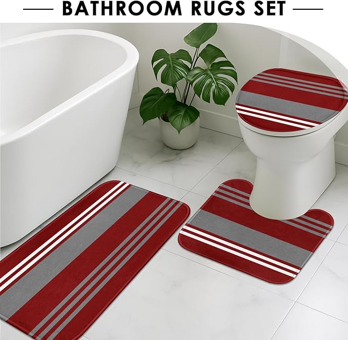 ArtSocket Burgundy Stripes Bathroom Set with Shower Curtain and Rugs Accessory, Grey Line Vintage Abstract Beautiful Shower Curtain for Bathroom Decor 4 Pcs