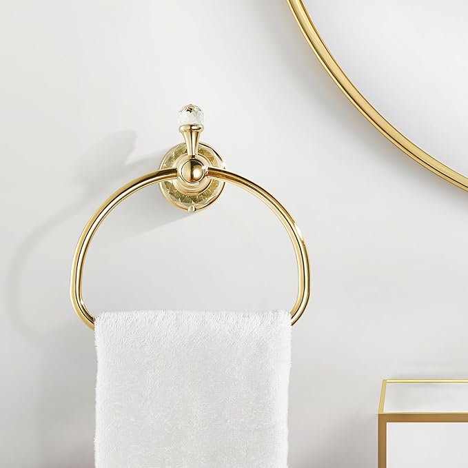WOLIBEER Gold Towel Ring, Hand Towel Holder for Bathroom,Crystal Towel Holder, Round Hand Towel Ring Wall Mounted.