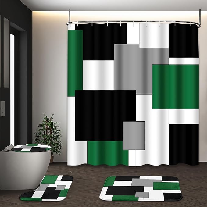 Green Geometric Shower Curtain Set with Toilet Lid Cover and Non-Slip Rugs for Bathroom, Grey Black White Checkered 4 Pcs Shower Curtain, Modern Abstract Bathroom Set with 12 Hooks