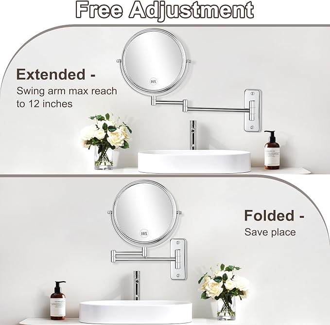 DECLUTTR 8 Inch Wall Mounted Magnifying Mirror with 10x Magnification, Double Sided Vanity Makeup Mirror for Bathroom, Chrome Finished