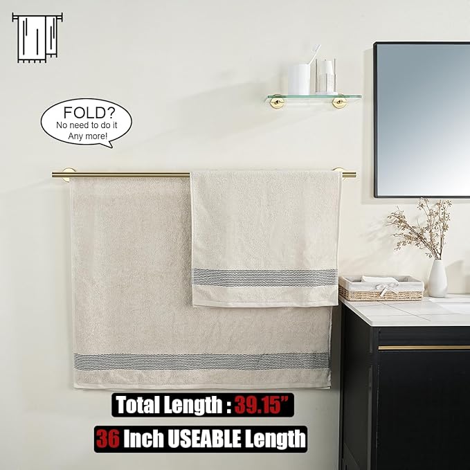 JQK Double Bath Towel Bar, Brushed Gold 39 Inch 304 Stainless Steel Thicken 0.8mm Towel Rack for Bathroom, Towel Holder Wall Mount, Useable Length 36 Inch, TB100L36-BG