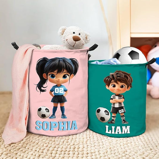 callie Personalized Soccer Laundry Basket for Kids, Custom Cartoon Character Toys Hamper Storage, Soccer Gifts for Boys Girls (13.8" x 16.5", 15.7" x 19.6")