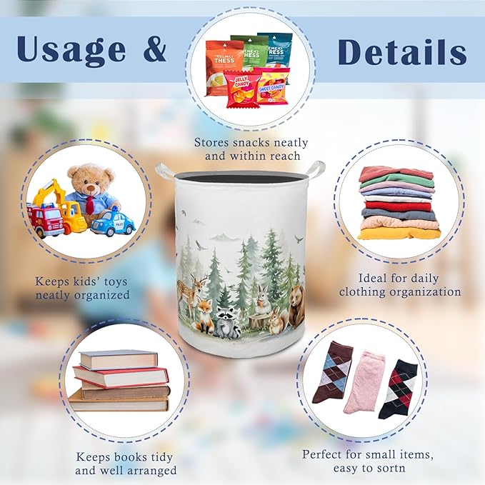 Animal Forest Nursery Laundry Basket Hamper,Forest Nursery Decor, Animals Foldable Clothes Toys Books Storage Box Bins Baskets Organizer for Girls Boys Bedroom Bathroom,
