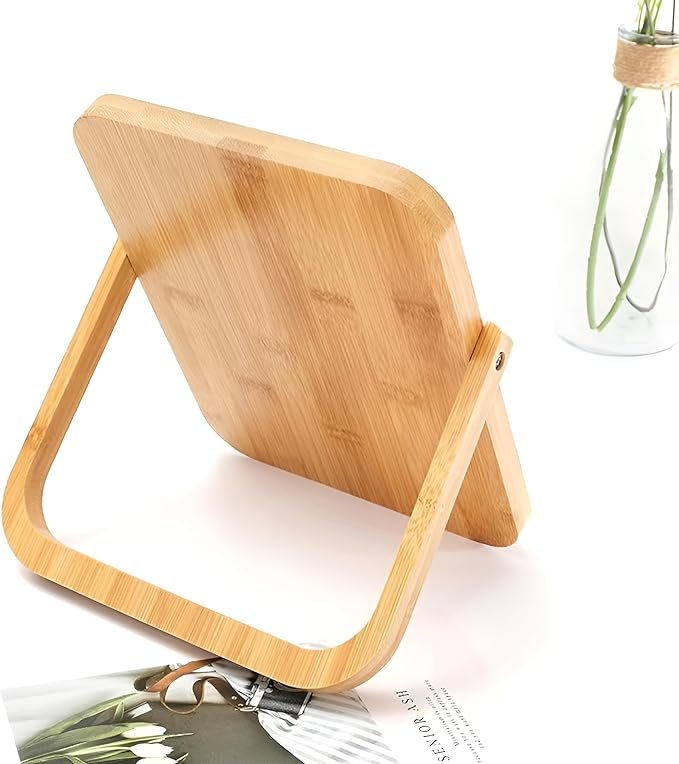 Wooden Desktop Makeup Mirror, Rectangular Tabletop Vanity Mirror with 360° Rotation, Portable High-Definition Single-Sided Cosmetic Mirror for Dressing Table, Bedroom & Bathroom (Yellow Beech Wood)