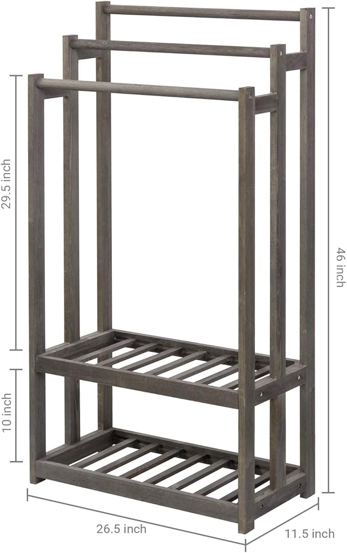 MyGift 3-Tier Free Standing Towel Rack with 2 Bottom Storage Shelves for Bathroom, Blanket Holder Organizer for Living Room, Bath Towel Drying for Laundry, Vintage Gray Wood