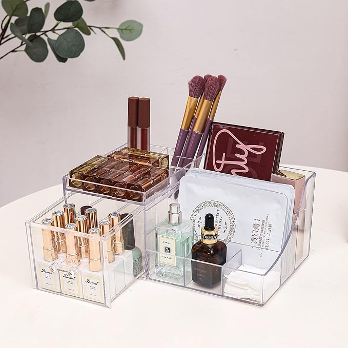 Cq acrylic1 Pack Clear Makeup Organizer Countertop,Stackable 1 Drawers Skincare Organizer,Cute Skin Care Organizer for Vanity Hair Clip,Jewelry,Beauty Product Desk and Make Up Organizers for Vanity