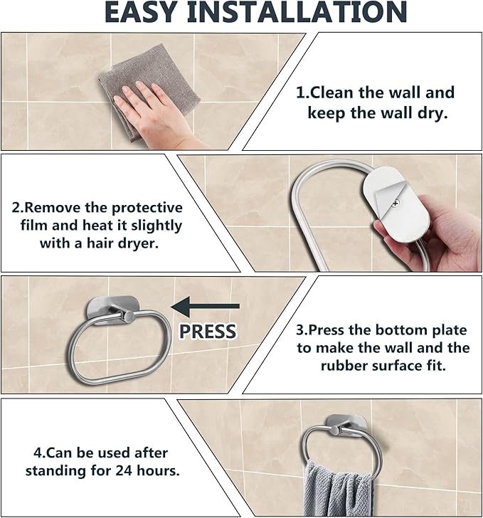 Litoexpe Self Adhesive Towel Ring Brushed Nickel, Oval Shaped Modern Hand Towel Holder, Stainless Steel Adhesive Hand Towel Hanger for Bathroom & Kithen Wall Mount (No Drilling)