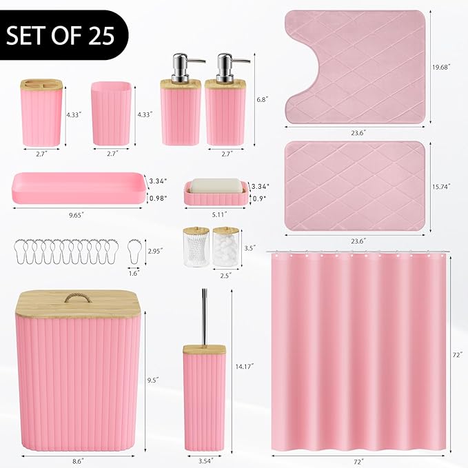 Bathroom Accessory Set - 25PC Bathroom Sets with Shower Curtain and Rugs, Pink Bathroom Set, Bathroom Accessories Set, Shower Curtain Sets with Rugs, Bathroom Trash Can & Soap Dispenser