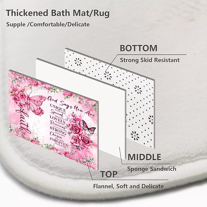 4 Pcs Pink Butterfly Inspirational Quotes Shower Curtain Set with Rugs, Toilet Lid Cover and Bath Mat, Bible Verse Floral Bathroom Decor Set Accessories, Colorful Boho Shower Curtain with 12 Hooks