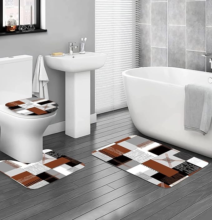 Shower Curtain Sets Brown Bathroom Sets with Shower Curtains and Rugs Modern Home Bathroom D??cor Accessories,Grey and White Shower Curtains Waterproof with Non-Slip Rugs Toilet Lid Cover and Bath Mat