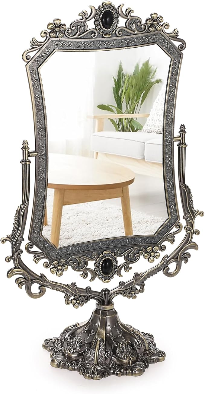 JUXYES Metal Tabletop Antique Decorative Makeup Mirror with Stand, Vintage 360° Swivel Double Sided Cosmetic Mirror with Frame, Retro Desktop Dressing Mirror Magic Mirror for Dresser