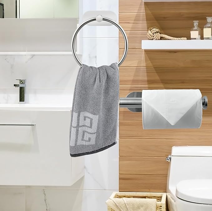 Self Adhesive Towel Ring and Toilet Paper Holder, No Drilling Stainless Steel Bathroom Hardware Set, Sturdy Bathroom Accessories for Home or Kitchen, Wall Mounted (Chrome)