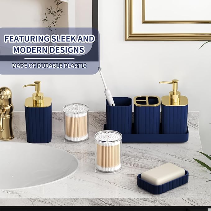 XLHOMO Bathroom Accessory Set - 26PC Bathroom Shower Curtain and Rug Set, Bathroom Accessories Set, Navy Blue Bathroom Set with Trash Can, Toilet Brush, Qtip Holder & Soap Dispenser