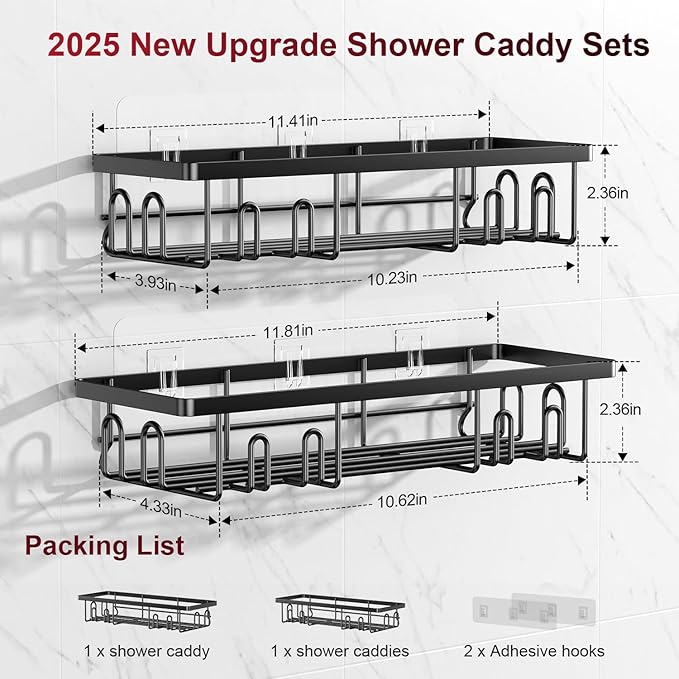 Getsrichfc Adhesive Shower Caddy, Shower Shelves with 16 Hooks, Rustproof Shelf Wall Corner Racks for Inside Bath, No Drilling & Sleek Bathroom Organizers and Storage Caddies Soap Holder, 2 Pack