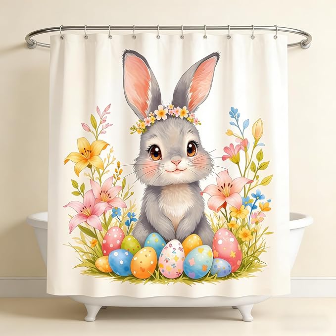 Dreamrflove Easter Bunny Shower Curtain Easter Shower Curtain Set Spring Floral Cute Rabbit Bathroom Shower Curtain Polyester Insulated Home Decor 72x72 InchHolidayDecoration
