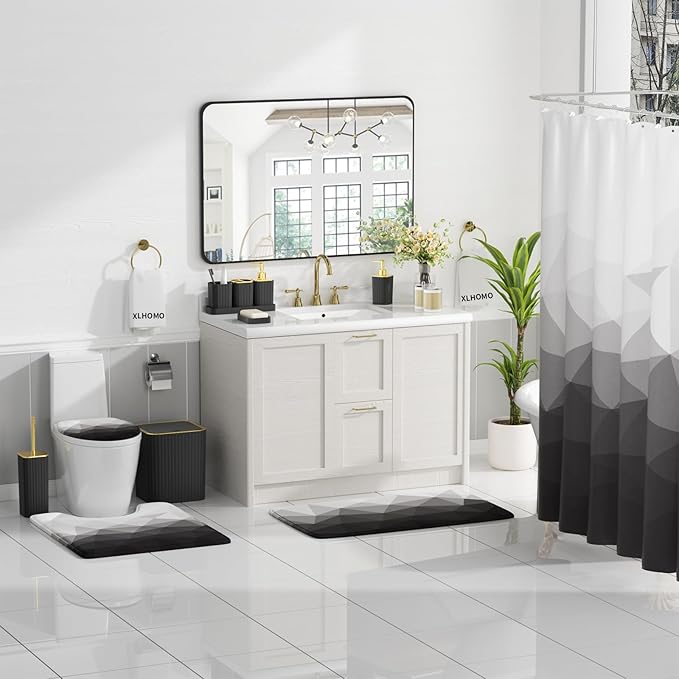 XLHOMO Bathroom Accessory Set - 26PC Bathroom Shower Curtain and Rug Set, Bathroom Accessories Set, Black Bathroom Set with Trash Can, Toilet Brush, Qtip Holder & Soap Dispenser