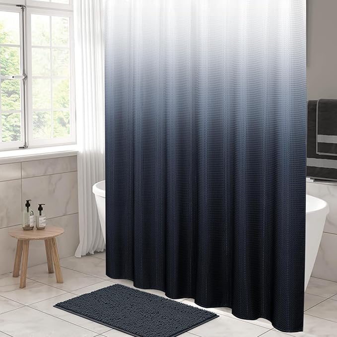 MitoVilla Navy Blue Ombre Waffle Fabric Shower Curtain, Modern Waffle Weave Textured Shower Curtains for Luxury Rustic Bathroom Decor, Vintage Weighted Bathroom Shower Curtain, 72 x 72