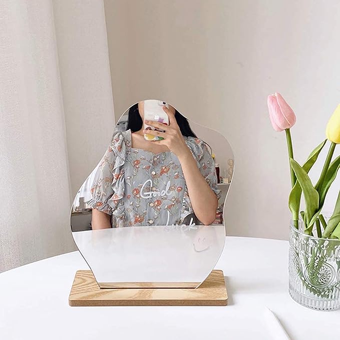 Acrylic Makeup Mirror for Desk with Stand Aesthetic Desk Decor Vanity Mirror Frameless Table top for Bedroom,Living Room and Minimal Spaces Room Decor (Baby Fat)