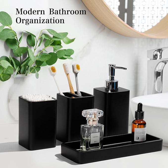 YMXYJM Bathroom Accessories Set, 4 Pcs Bathroom Accessory Set, Soap Dispenser, Toothbrush Holder, Qtip Holder Set, Bathroom Sets Complete, Bathroom Sink Set for Modern Home Decor, Black