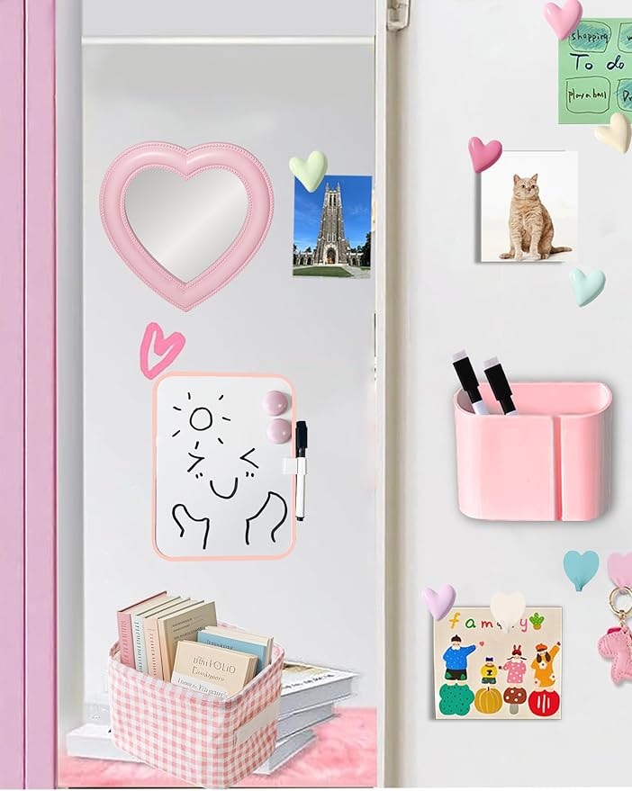 Heart Magnetic Locker Mirror for Girls, 6.9"x7.3" Real Glass Mirror Magnetic for School Locker, Locker Accessories Makeup Mirror for Bathroom Fridge Office Cabinet Gym (Pink)