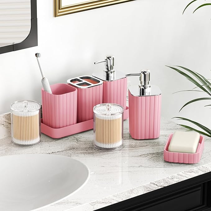 XLHOMO Pink Bathroom Accessories Set - Gorgeous Bathroom Set, 10PC Bathroom Accessory Set, Toilet Brush, Trash Can, Qtip Holder & Soap Dispenser