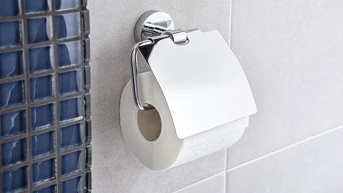 tesa EXXCELENT Toilet Roll Holder with Lid - Wall-Mounted Toilet Paper Holder with Power.Kit Technology in Stainless-Steel Design - Waterproof, incl. Adhesive Solution - 140mm x 138mm x 52mm