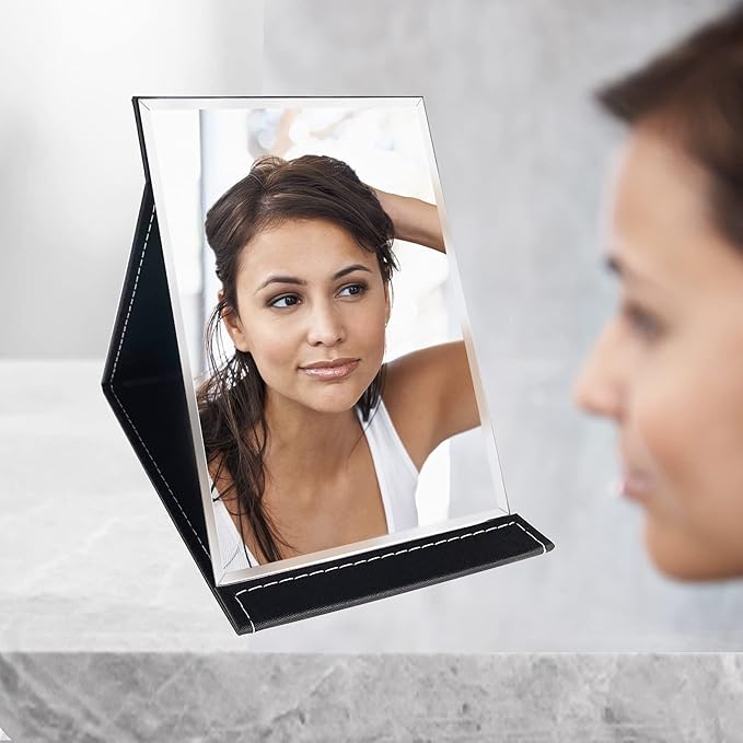 Portable Folding Makeup Mirror with Adjustable Stand, PU Leather Vanity Table for Cosmetics Personal Beauty, X-Large