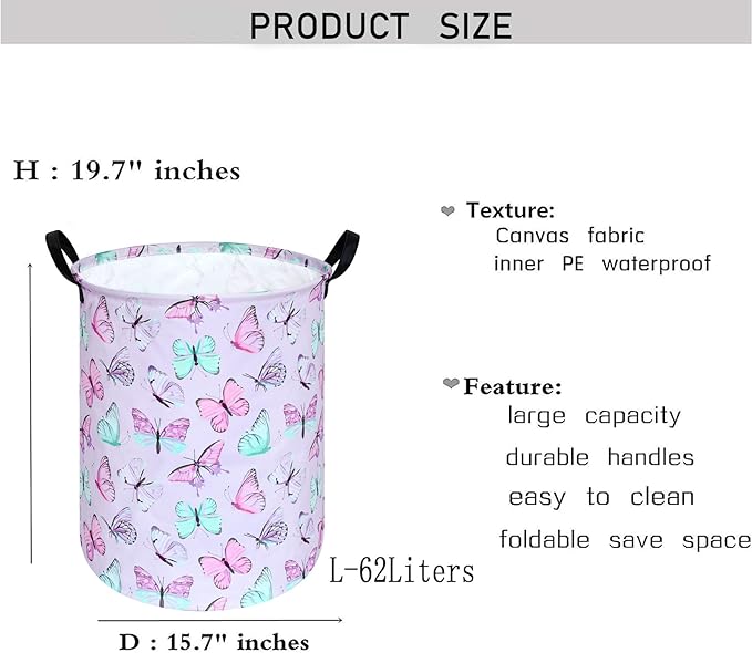 KUNRO Round Laundry Gift Basket Storage Hamper, Clothes Storage Organizer Bins, Shelf Basket with Handles for Room Decor (Purple Butterfly)