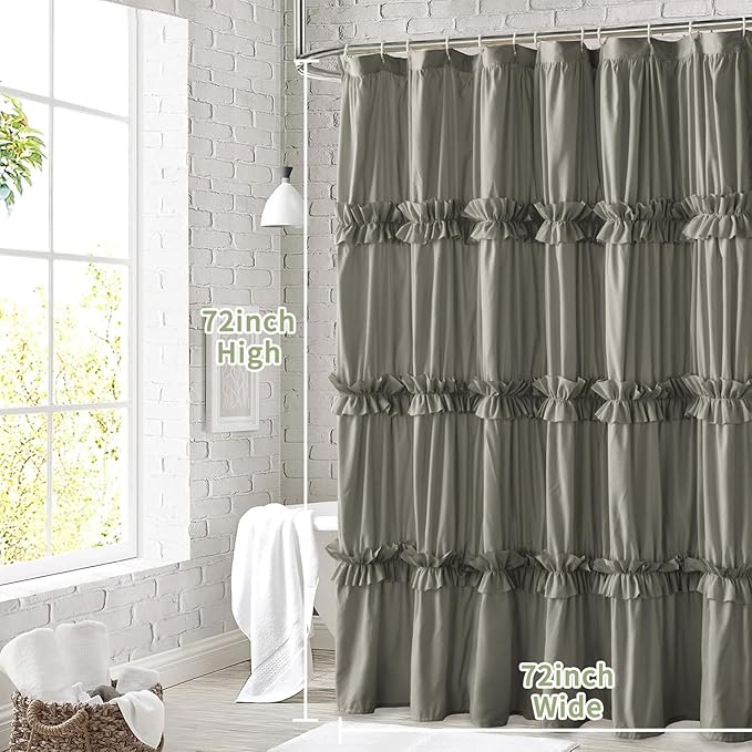 Farmhouse Ruffle Shower Curtain with Handmade Ruched, Vintage Ruffled Fabric Bathroom Curtains, Decorative Elegant Bathroom Curtain with 12 Holes, Gray, 72" W x 72" H(N60049)