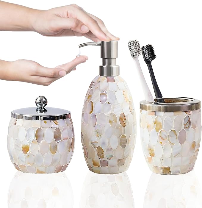 Escenzy Natural Shell Bathroom Accessories Sets 3 Pcs | Luxurious Glass Soap Dispenser, Toothbrush Holder, Cotton Jar | Modern Decor Bling Mosaic Glass Decorative Bathroom Accessories