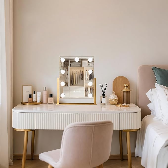 Moonee Gold Vanity Mirror with Lights, Hollywood Lighted Makeup Mirror with 9 Dimmable Bulbs and 10X Magnification 360°Rotation, 3 Colors Modes, Light Up Mirror for Tabletop（12" x 14"）