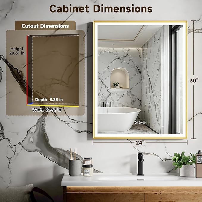 24X30 Inches Framed Medicine Cabinet with Lights, Bathroom Medicine Cabinet with 3-Color/Dimmable, Anti-Fog, Plug-in & Hardwired, Surface Mount & Recessed