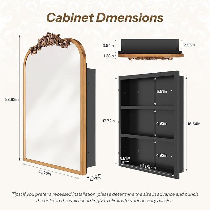 16x24 Inch Bathroom Medicine Cabinet with Mirror, Recessed or Surface Mount, Sturdy, Durable & Easy Installation, Vintage Metal Frame(Gold)