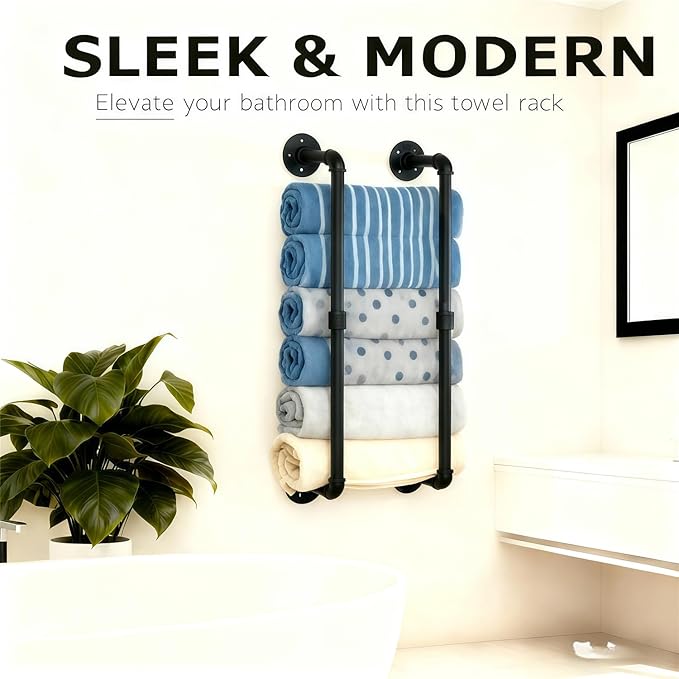 Industrial Pipe Towel Rack for Rolled Towels,Towel Rack for Bathroom,Wall Mounted Metal Towel Holders for Small Bathroom,Bathroom Organizer Storage,5.5" W x 30" H,Black