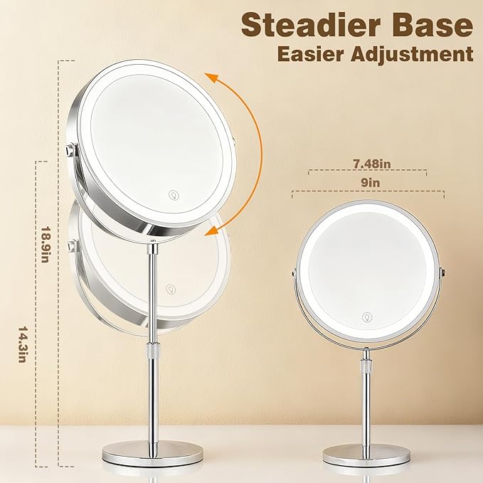 9” Height Adjustable Lighted Makeup Mirror with 10X Magnification - Rechargeable 360° Double Sided Vanity Mirror with 3 Color Modes, Touch Dimmable Brightness for Bathroom & Bedroom - Gift for Women