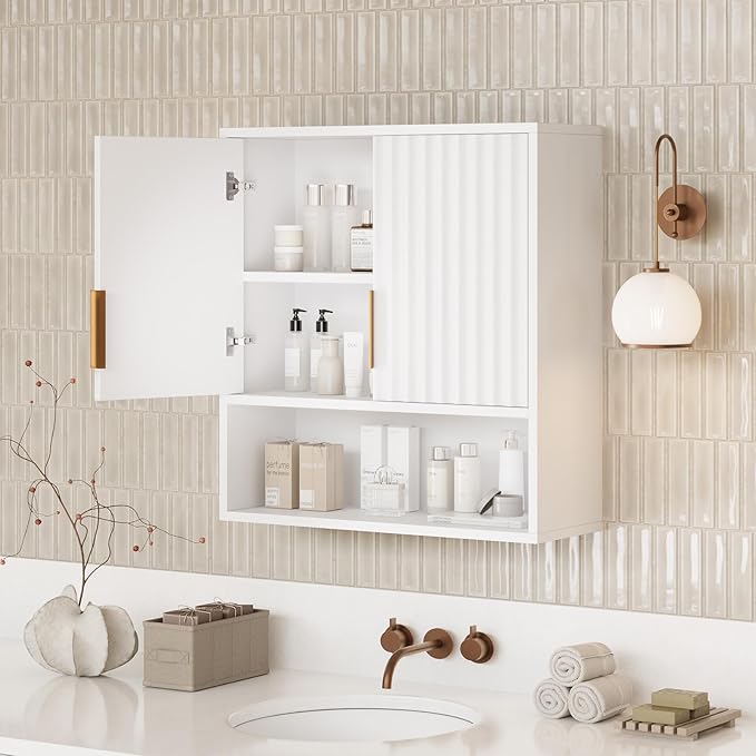 VINGLI White Bathroom Wall Cabinet, Modern Fluted Medicine Cabinet with Gold Handles, Wall Mounted Storage Over Toilet with Adjustable Shelf, Soft Close Hanging Organizer for Kitchen, Laundry Room