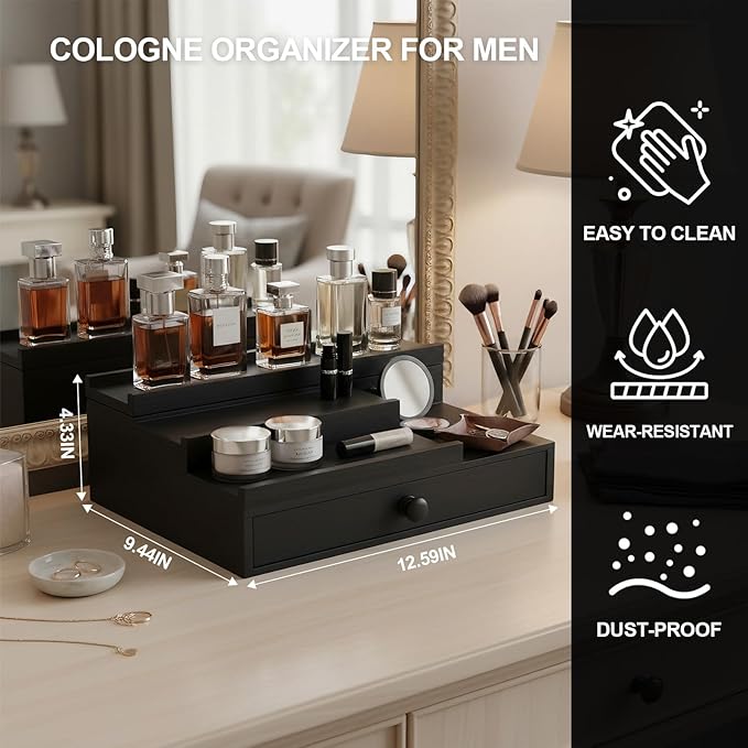 Cologne Organizer for Men,Solid Wood Cologne Stand with Drawer and Hidden Compartments, Nightstand Organizer,Dresser Drawer Organizers,Organizador de Perfumes,Perfume Stand Organizer for Bedroom,Black