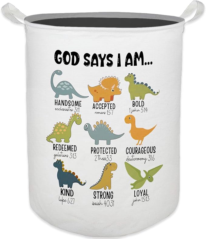 God Say I Am Dinosaur Nursery Laundry Basket, Toybox for Boys Room, Christian Laundry Basket Hamper Waterproof Collapsible Clothes Toys Storage Bin Organizer for Bedroom Bathroom Kids Room Dorm