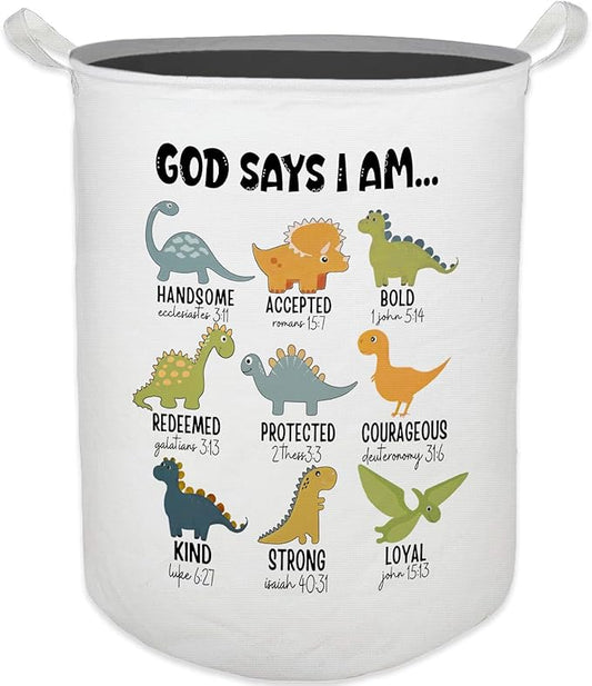God Say I Am Dinosaur Nursery Laundry Basket, Toybox for Boys Room, Christian Laundry Basket Hamper Waterproof Collapsible Clothes Toys Storage Bin Organizer for Bedroom Bathroom Kids Room Dorm