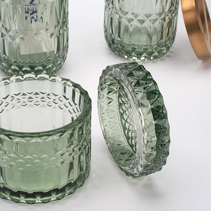 IVAILEX 5PCS Green Glass Bathroom Accessories Sets of Lotion Dispenser, Soap Dish, Toothbrush Holder, Tumbler, Cotton Swab Jars, Modern Bath Decor, Vintage Gift