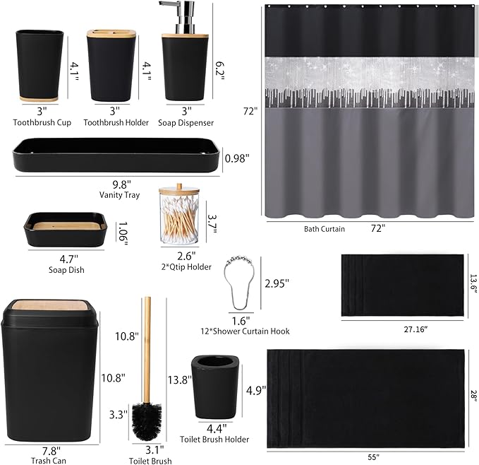 XLHOMO Black Bathroom Accessories with Glitter Shower Curtain,Towel Set 24 PCS Bathroom Set with Shower Curtain Set Bathroom Set Black Shower Curtain with Bathroom Trash Can