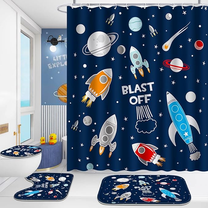 Poedist 4 Pcs Bathroom Shower Curtain Set,Kid's Bathroom Set,Cosmic Space Shower Curtain Sets with Rugs(Bath Mat,U Shape and Toilet Lid Cover Mat) and 12 Hooks